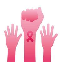 händer slåss med rosa band bröstcancer siluett stilikon vektor