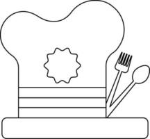 svart linje konst kock keps med sked och gaffel. vektor