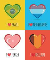 liebend und bunt Plakate von Brasilien, Niederlande, Truthahn und Belgien mit Herz geformt National Flagge und Text Vektor Illustration