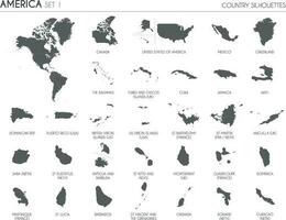 uppsättning av 30 hög detaljerad silhuett Kartor av amerikan länder och områden, och Karta av Amerika vektor illustration.