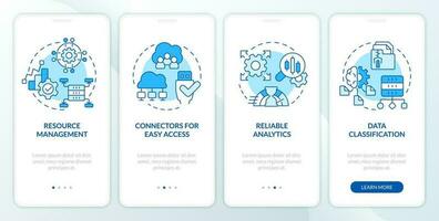 Daten See die Architektur Blau Onboarding Handy, Mobiltelefon App Bildschirm. Komplettlösung 4 Schritte editierbar Grafik Anleitung mit linear Konzepte. ui, ux, gui Vorlage vektor