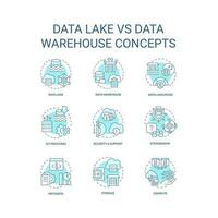 Daten See vs. Daten Warenhaus Türkis Konzept Symbole Satz. Information Lagerung. Analytik Idee dünn Linie Farbe Illustrationen. isoliert Symbole. editierbar Schlaganfall vektor