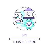 bfsi begrepp ikon. bank tjänster. version kontrollera systemet slutet användare industri abstrakt aning tunn linje illustration. isolerat översikt teckning. redigerbar stroke vektor