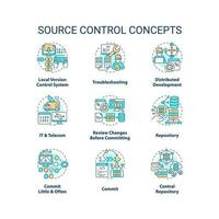 källa kontrollera begrepp ikoner uppsättning. spårning och hantera ändringar till koda aning tunn linje Färg illustrationer. isolerat symboler. redigerbar stroke vektor