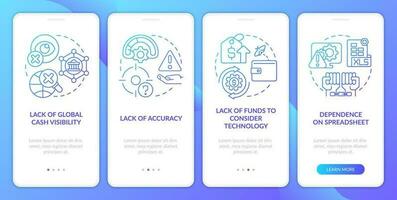 utmaningar inför förbi skattmästare blå lutning onboarding mobil app skärm. genomgång 4 steg grafisk instruktioner med linjär begrepp. ui, ux, gui mall vektor