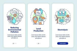 Leistungen von Wasserstoff Onboarding Handy, Mobiltelefon App Bildschirm. Zukunft Treibstoff Profis Komplettlösung 3 Schritte editierbar Grafik Anleitung mit linear Konzepte. ui, ux, gui Vorlage vektor