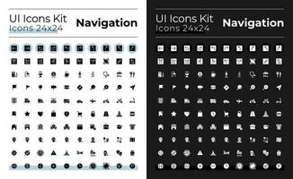 Geographisches Positionierungs System und Navigation Glyphe ui Symbole einstellen zum dunkel, Licht Modus. Stift Standort. Silhouette Symbole zum Nacht, Tag Themen. solide Piktogramme. Vektor isoliert Abbildungen