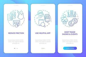 Sammeln Bewertungen nähert sich Blau Gradient Onboarding Handy, Mobiltelefon App Bildschirm. Komplettlösung 3 Schritte Grafik Anleitung mit linear Konzepte. ui, ux, gui Vorlage vektor