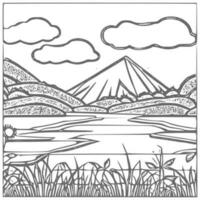 Landschaft Färbung Buch, Berge und Fluss. vektor