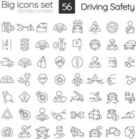 Fahren Sicherheit linear Symbole Satz. Straße Regeln und Verordnung. Unfall Verhütung. anpassbar dünn Linie Symbole. isoliert Vektor Gliederung Illustrationen. editierbar Schlaganfall