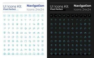 Geographisches Positionierungs System und Navigation Pixel perfekt Gradient linear ui Symbole einstellen zum dunkel, Licht Modus. Linie Kontur Benutzer Schnittstelle Symbole. Vektor isoliert Gliederung Abbildungen