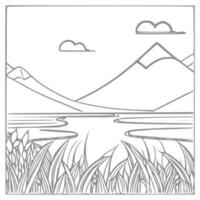 Landschaft Färbung Buch, Berge und Fluss. vektor