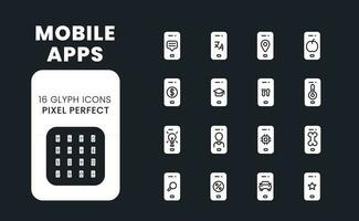 mobil appar vit fast skrivbordet ikoner uppsättning. smartphone programvara. marknadsföra analyser. uppkopplad verktyg. pixel perfekt, översikt 4px. symboler för mörk tema. glyf piktogram. vektor isolerat bilder