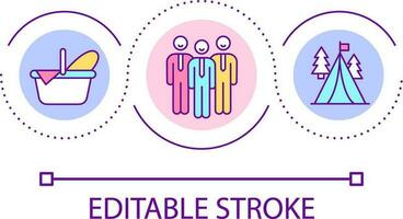korporativ draußen Aktivität Schleife Konzept Symbol. Mitarbeiter Camping und Picknick. informell Mannschaft Gebäude abstrakt Idee dünn Linie Illustration. isoliert Gliederung Zeichnung. editierbar Schlaganfall vektor