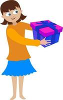 karaktär av en liten flicka innehav gåva låda. vektor