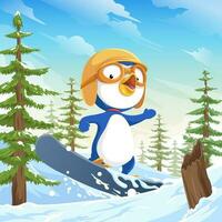süß Blau Pinguin abspielen Snowboard Konzept vektor