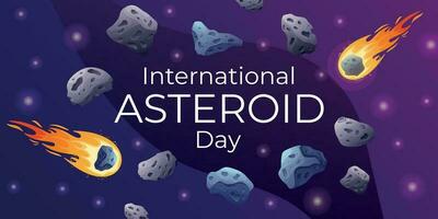 International Welt Juni Urlaub Asteroid Tag. Vektor Karikatur Raum Banner mit Meteoriten und Sterne.