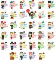 vektor illustration uppsättning av tecknad serie tecken ordspråk Hej och välkomnande i 34 språk talad i Europa
