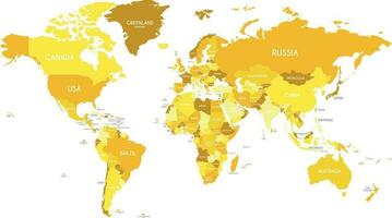 politisk värld Karta vektor illustration med annorlunda toner av gul för varje Land. redigerbar och klart märkt skikten.