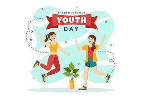 Lycklig internationell ungdom dag vektor illustration med ung Pojkar och flickor samhörighet i platt tecknad serie hand dragen söt bakgrund mallar