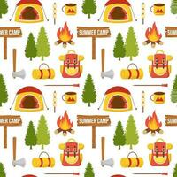 sommar läger sömlös mönster design av camping och reser element i mall hand dragen tecknad serie platt illustration vektor