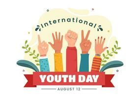 glücklich International Jugend Tag Vektor Illustration mit jung Jungs und Mädchen Zusammengehörigkeit im eben Karikatur Hand gezeichnet süß Hintergrund Vorlagen