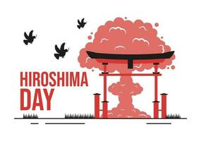 hiroshima dag vektor illustration på 6 augusti med fred duva fågel och kärn explosion bakgrund i platt tecknad serie hand dragen mallar