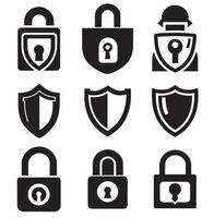 uppsättning av säkerhet skydda ikoner, säkerhet sköldar logotyper med kolla upp mark och hänglås. säkerhet skydda symboler. vektor illustration