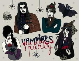 Vampire Party. vier Vampire, Schädel, Schläger und Spinnen. Vektor Illustration mit Beschriftung.