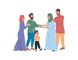 glada arabiska familjer utbyter mat platt färg färg ansiktslösa karaktärer vektor