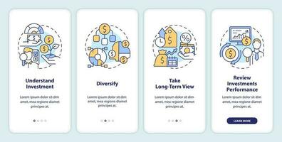 investieren Regeln Onboarding Handy, Mobiltelefon App Bildschirm. Handel Komplettlösung 4 Schritte editierbar Grafik Anleitung mit linear Konzepte. ui, ux, gui Vorlage vektor
