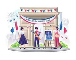 lyckliga franska par och målare firar bastilledagen den 14 juli illustrationen vektor