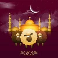 eid-al-adha Mubarak Gruß Karte mit drei Karikatur Schaf Stehen im Vorderseite von golden Moschee Illustration auf dunkel Rosa Halbmond Mond Nacht Hintergrund. vektor