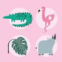 tecknad djungeldjur krokodilnoshörningblad och flamingo vektor