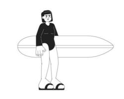 Surfer Mädchen halten Surfbrett monochromatisch eben Vektor Charakter. Surfer Neoprenanzug Frau Stehen. editierbar dünn Linie voll Körper Person auf Weiß. einfach bw Karikatur Stelle Bild zum Netz Grafik Design
