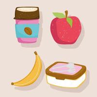 gesunde Lebensmittel Einwegkaffeetasse Apfel Banane und Lunch Kit Ikonen vektor