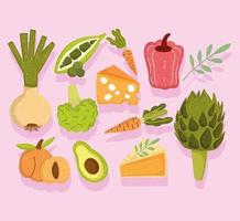 hälsosam mat grönsaker frukt ost och tårta ikoner vektor