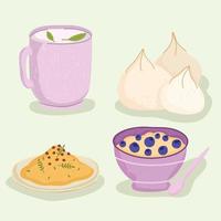 gesunde Nahrung Teetasse Müsli Reis und Knoblauch Ikonen vektor