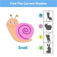 Finden Sie den richtigen Schattenspiel Tier Schnecke Cartoon Illustration Vektor