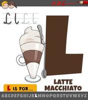 bokstaven l från alfabetet med tecknad latte macchiato drink vektor