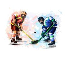abstrakter Hockeyspieler vom Spritzen der Aquarellhand gezeichneten Skizze Wintersportvektorillustration von Farben vektor