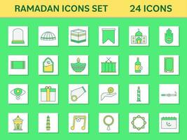 24 ramadan ikon uppsättning på grön och vit fyrkant bakgrund. vektor