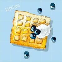 Frühstück Dessert Aquarell Charakter Wiener Waffeln mit Blaubeere. Vektor Illustration Hintergrund.