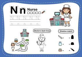 alfabetet bokstaven n sjuksköterska övning med tecknad ordförråd illustration vektor
