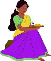 indisk ung kvinna innehav dyrkan tallrik av rakhi i Sammanträde utgör. vektor