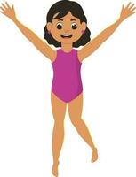 heiter Schwimmer Mädchen erziehen Hände oben auf Weiß Hintergrund. vektor
