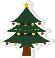 klistermärke stil dekorerad jul träd med stjärna och ornament i platt stil. vektor