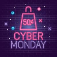 Cyber Montag mit Tasche Neon auf Ziegel Hintergrund Vektor-Design vektor
