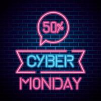 Cyber Montag mit 50 Verkauf Neon auf Ziegel Hintergrund Vektor-Design vektor