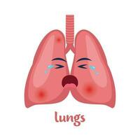 sjuk lungor med smärta värk eller sjukdom. ledsen tecknad serie karaktär lungor, kropp organ skadade eller ohälsosam. mänsklig tecknad serie anatomi, barn medicin. vektor illustration.